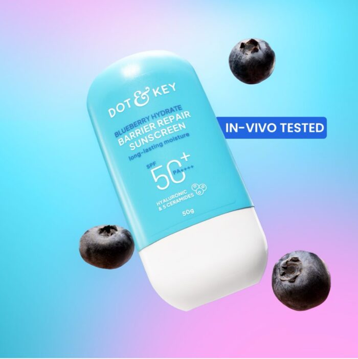 img_9115-2 Dot & Key Blueberry Hydrate Barrier Repair Sunscreen In-Vivo Tested SPF 50+ PA++++ | With Ceramides & Hyaluronic, Hydrates & Protects Skin | Repairs Damaged Skin, Lightweight, Non-Sticky, Non-Greasy | 80g - Image 1