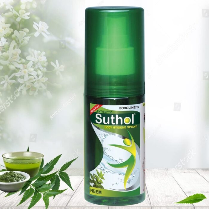2025/05/1000030773.jpg Suthol Active Neem Antiseptic Body Hygiene Spray 100 ml | Stops Skin Irritations, Prickly Heat Itching, Rashes | With Neem, ( India) - Image 1