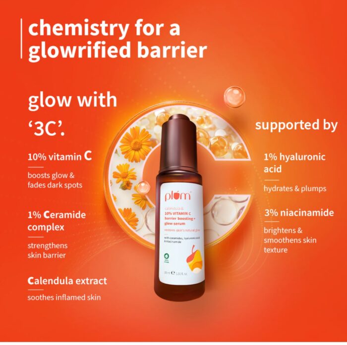 Plum 10% Vitamin C Glow + Barrier Boosting Serum with 3% Niacinamide, Calendula , 1% Hyaluronic acid & 1% Ceramide complex - Image 3