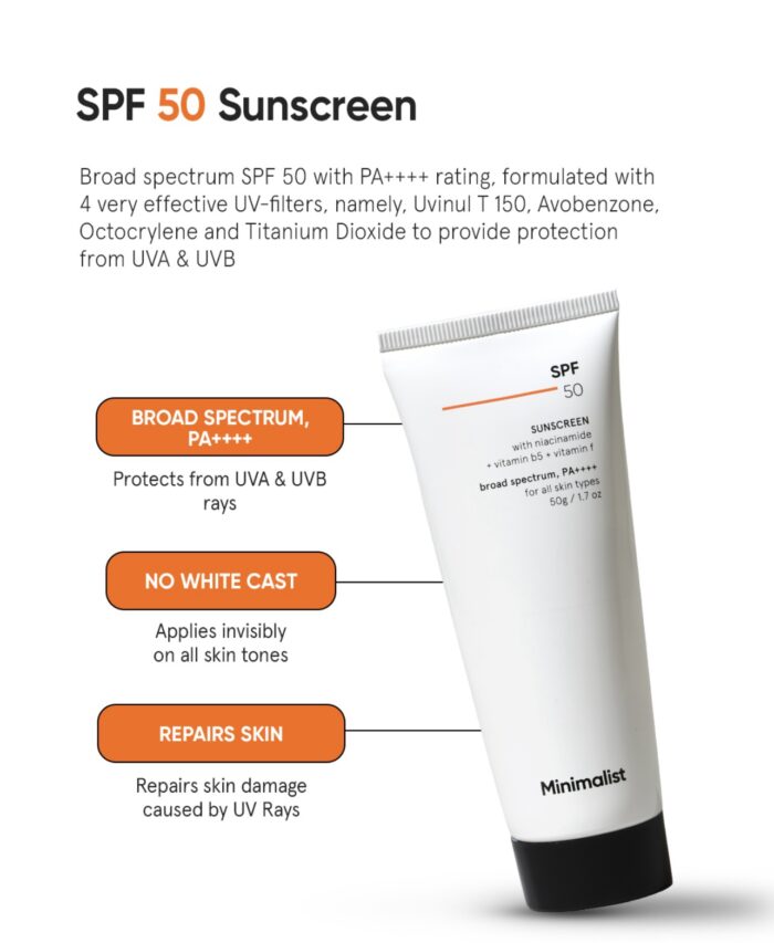 Minimalist Cream Sunscreen SPF 50 Lightweight With Multi-Vitamins, No White Cast, Broad Spectrum PA ++++ Acne Safe For Unisex, 50g - Image 2