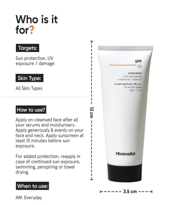 Minimalist Cream Sunscreen SPF 50 Lightweight With Multi-Vitamins, No White Cast, Broad Spectrum PA ++++ Acne Safe For Unisex, 50g - Image 3