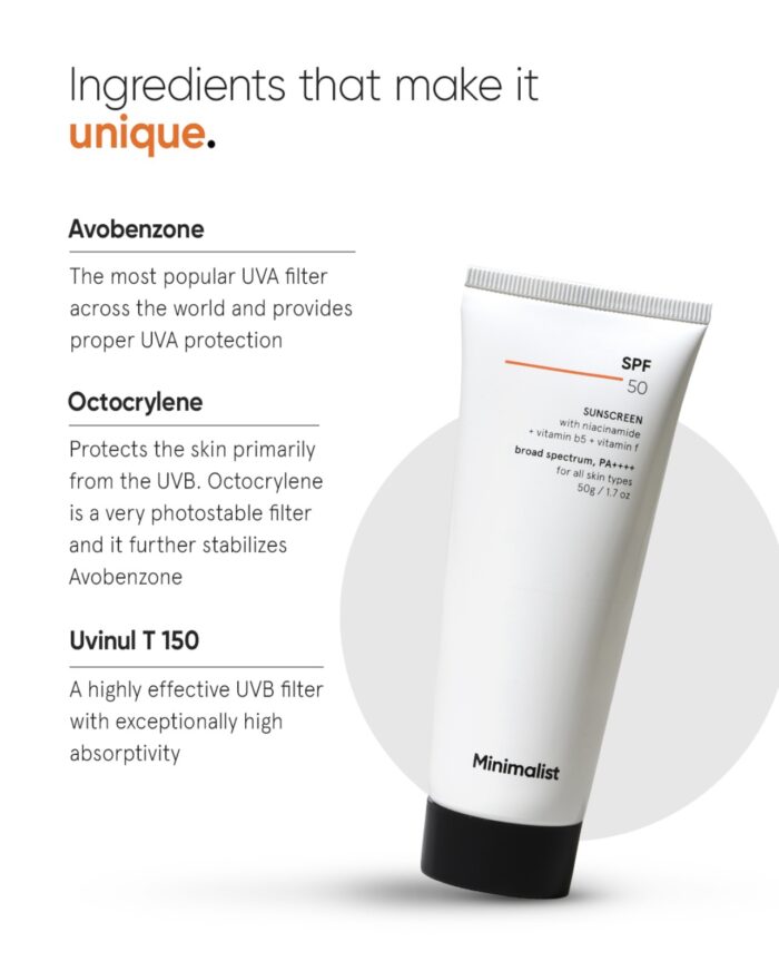 Minimalist Cream Sunscreen SPF 50 Lightweight With Multi-Vitamins, No White Cast, Broad Spectrum PA ++++ Acne Safe For Unisex, 50g - Image 4