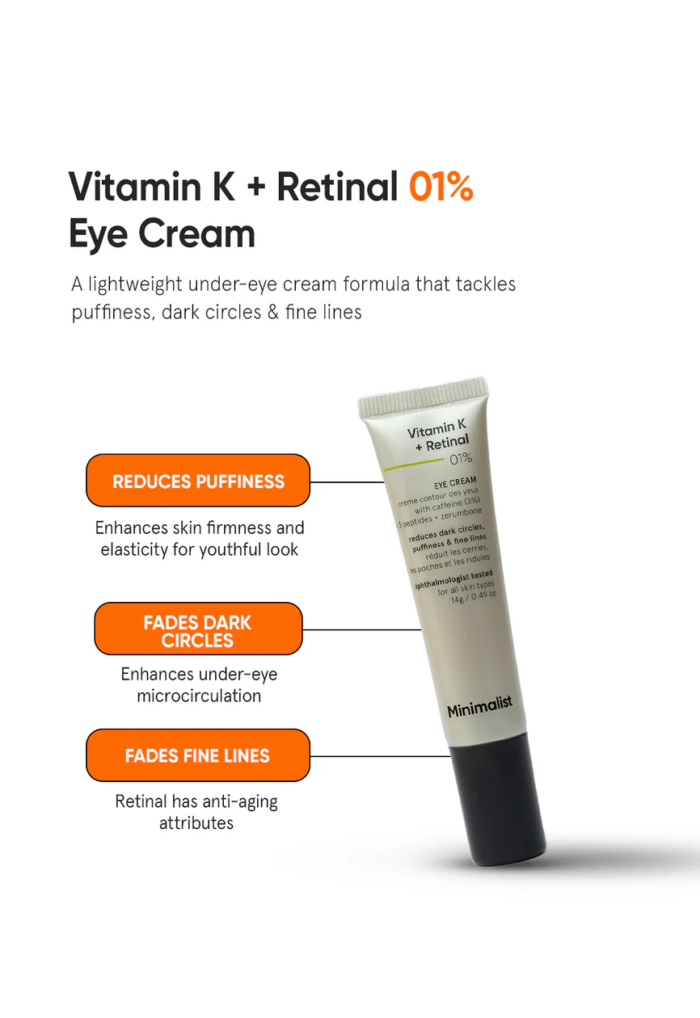 Vitamin K + Retinal 01% Eye Cream for Dark Circles, Puffiness & Fine Lines
A lightweight under-eye cream swiftly combats dark circles, puffiness, and fine lines with a quick-absorbing, non-tacky formula. - Image 4