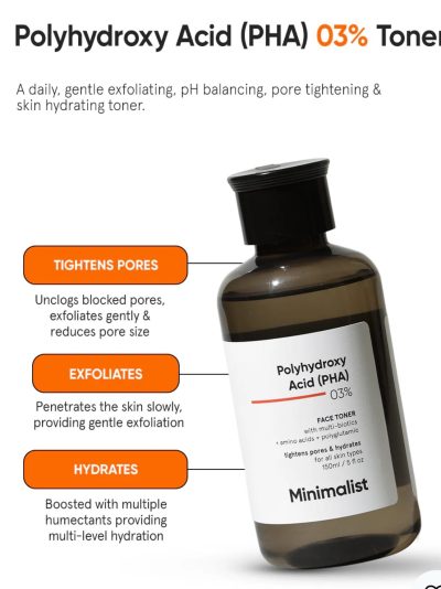 Minimalist Anti Acne PHA 3% Face Toner for Oily Skin | Pore Tightening & Mild Exfoliation For All Skin | Alcohol Free Hydrating Face Toner For Glowing Skin | 150 ml