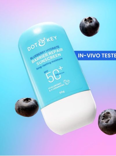 Dot & Key Blueberry Hydrate Barrier Repair Sunscreen In-Vivo Tested SPF 50+ PA++++ | With Ceramides & Hyaluronic, Hydrates & Protects Skin | Repairs Damaged Skin, Lightweight, Non-Sticky, Non-Greasy | 80g