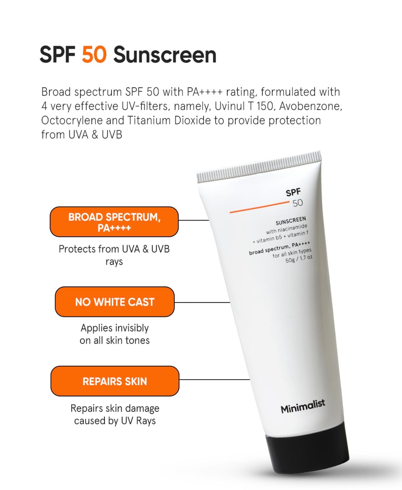 Minimalist Cream Sunscreen SPF 50 Lightweight With Multi-Vitamins, PA ++++ ||50g - Image 2