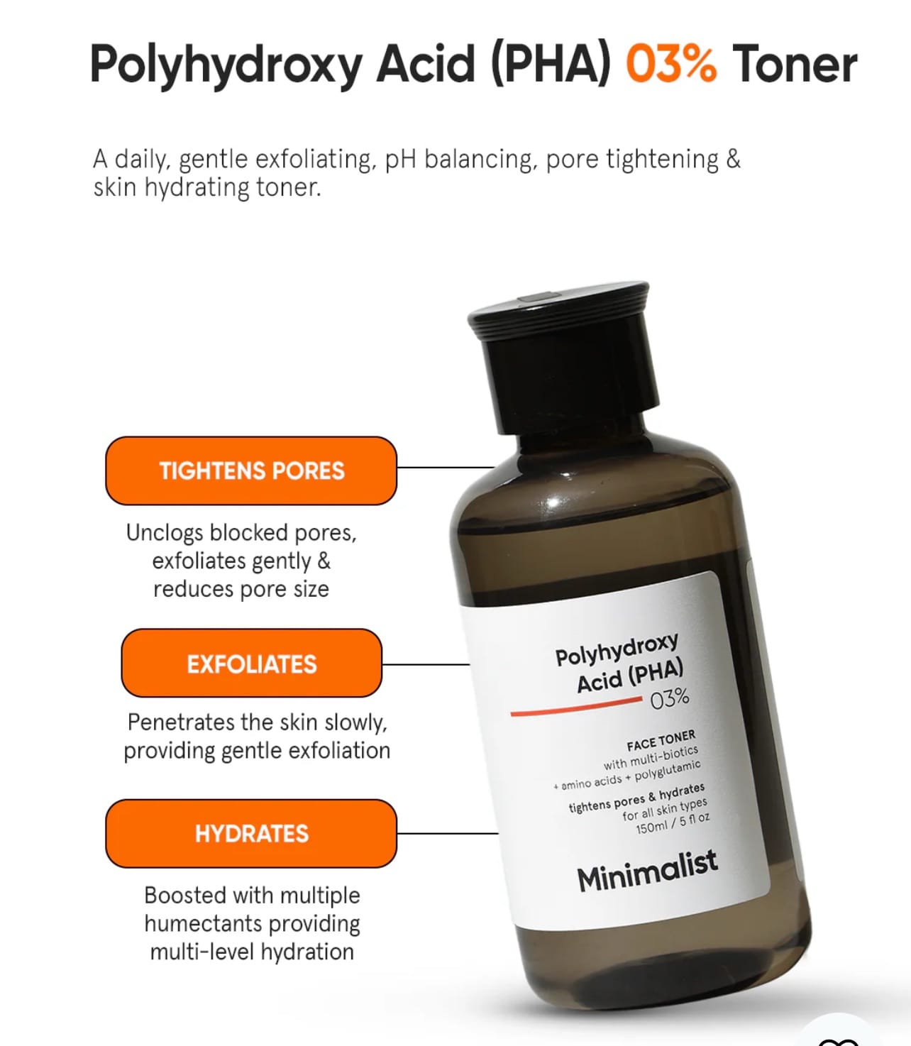 Minimalist Anti Acne PHA 3% Face Toner for Oily Skin | Pore Tightening & Mild Exfoliation For All Skin | Alcohol Free Hydrating Face Toner For Glowing Skin | 150 ml