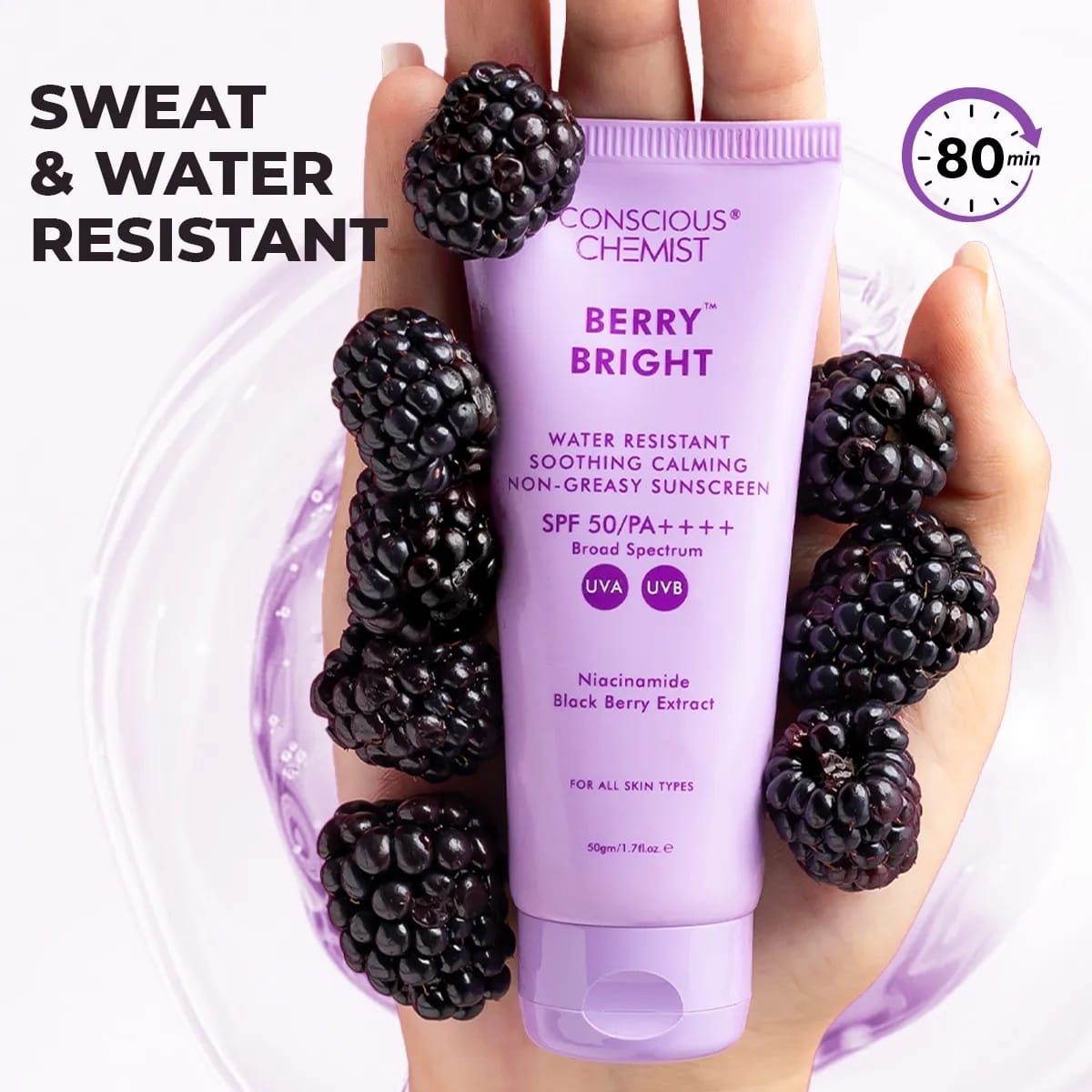 Conscious Chemist® Sunscreen SPF 50 PA++++ | 50g | Sunscreen for Oily Skin, Gel Sunscreen, Niacinamide with Black Berry Extract, Hybrid Lightweight, All Skin Types - Berry Bright - Image 2