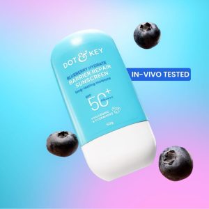 Dot & Key Blueberry Hydrate Barrier Repair Sunscreen In-Vivo Tested SPF 50+ PA++++ | With Ceramides & Hyaluronic, Hydrates & Protects Skin | Repairs Damaged Skin, Lightweight, Non-Sticky, Non-Greasy | 80g