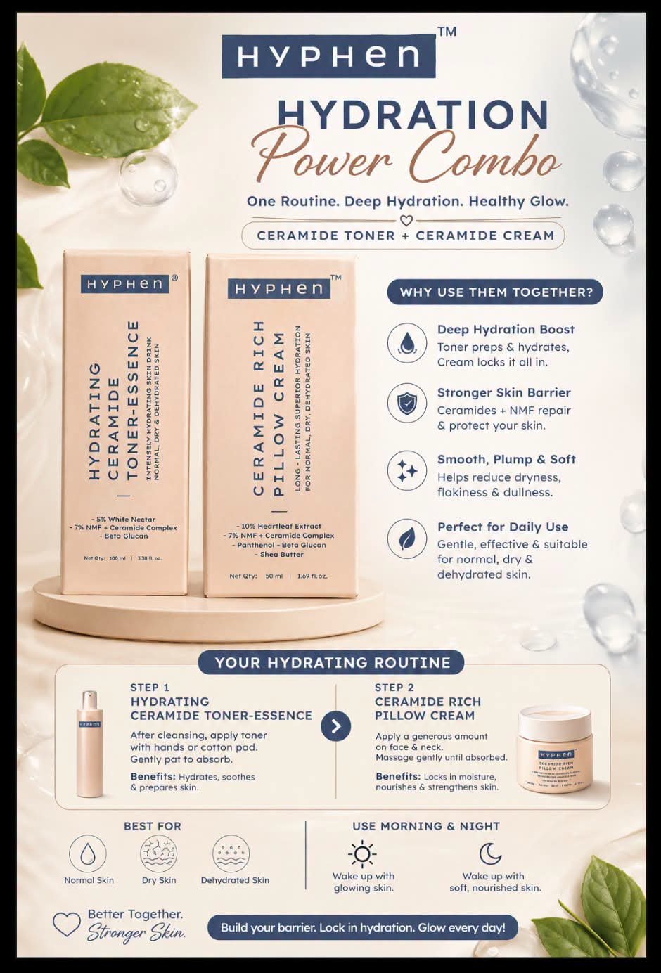 Hyphen Ceramide Hydration Duo
(100ml Toner-Essence + 50ml Ceramide Rich Pillow Cream)
